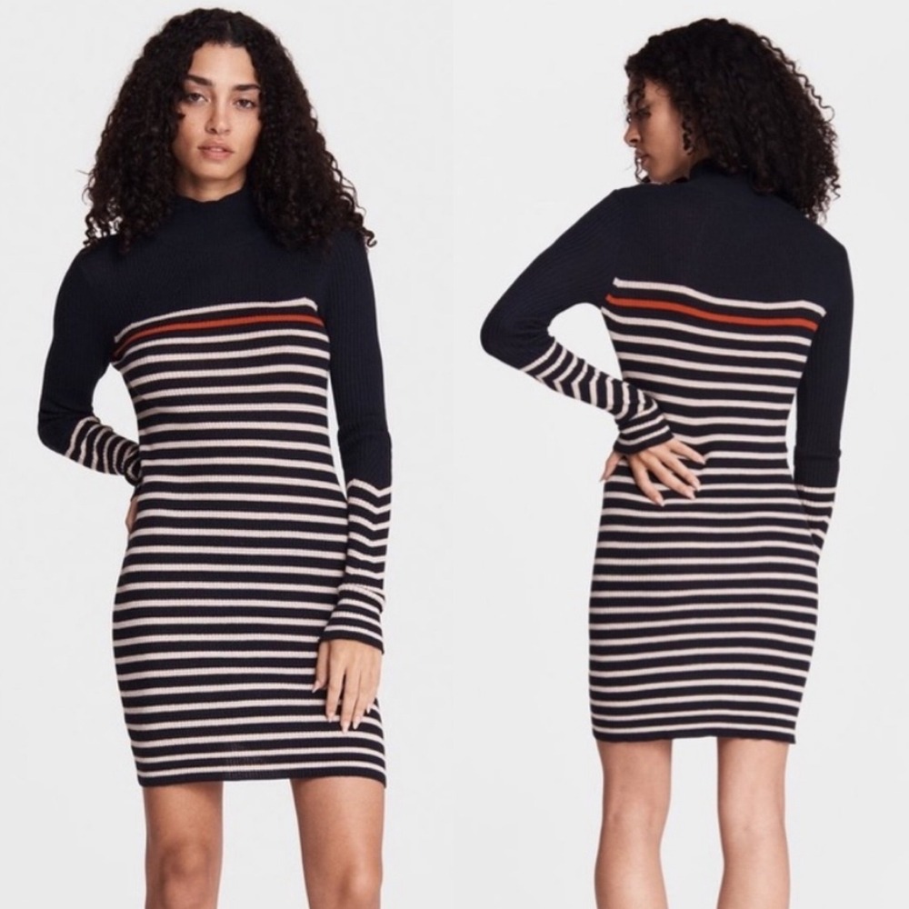 rag & bone Cashmere‎ Blend Kate Striped Mock Neck Striped Sweater Midi Dress - M